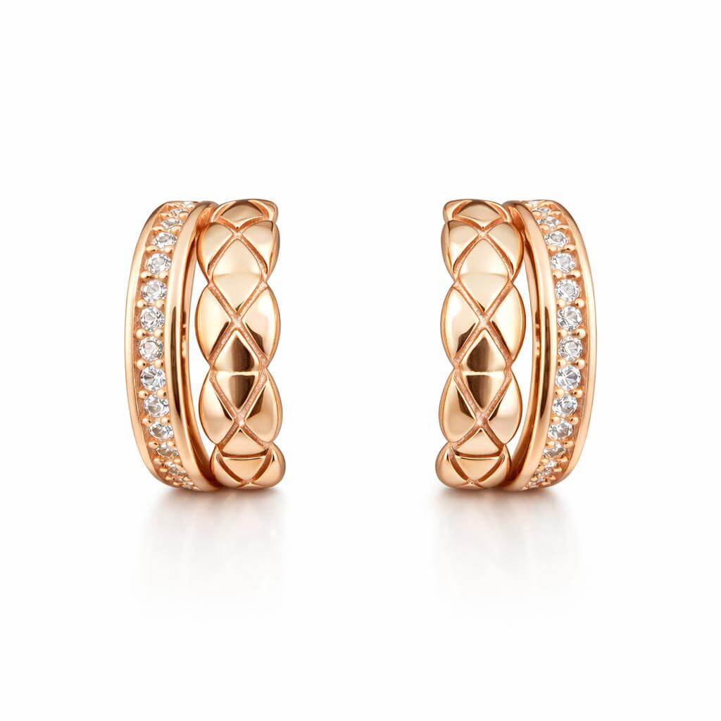 Rose Gold-Tone Textured Hoop Earrings with CZ Accent Dual Band Design