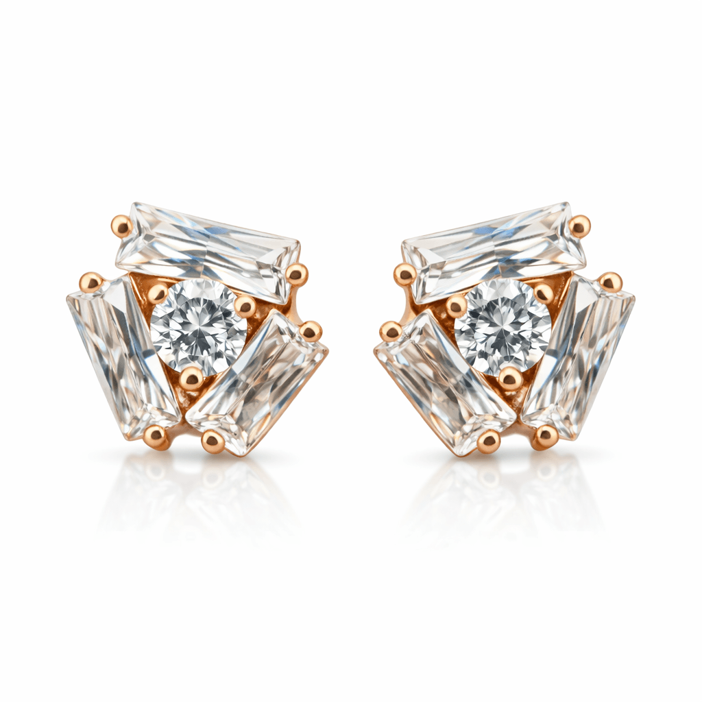 Gold Tone Geometric CZ Stud Earrings with Baguette and Round Stones  Description: