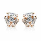 Gold Tone Geometric CZ Stud Earrings with Baguette and Round Stones  Description: